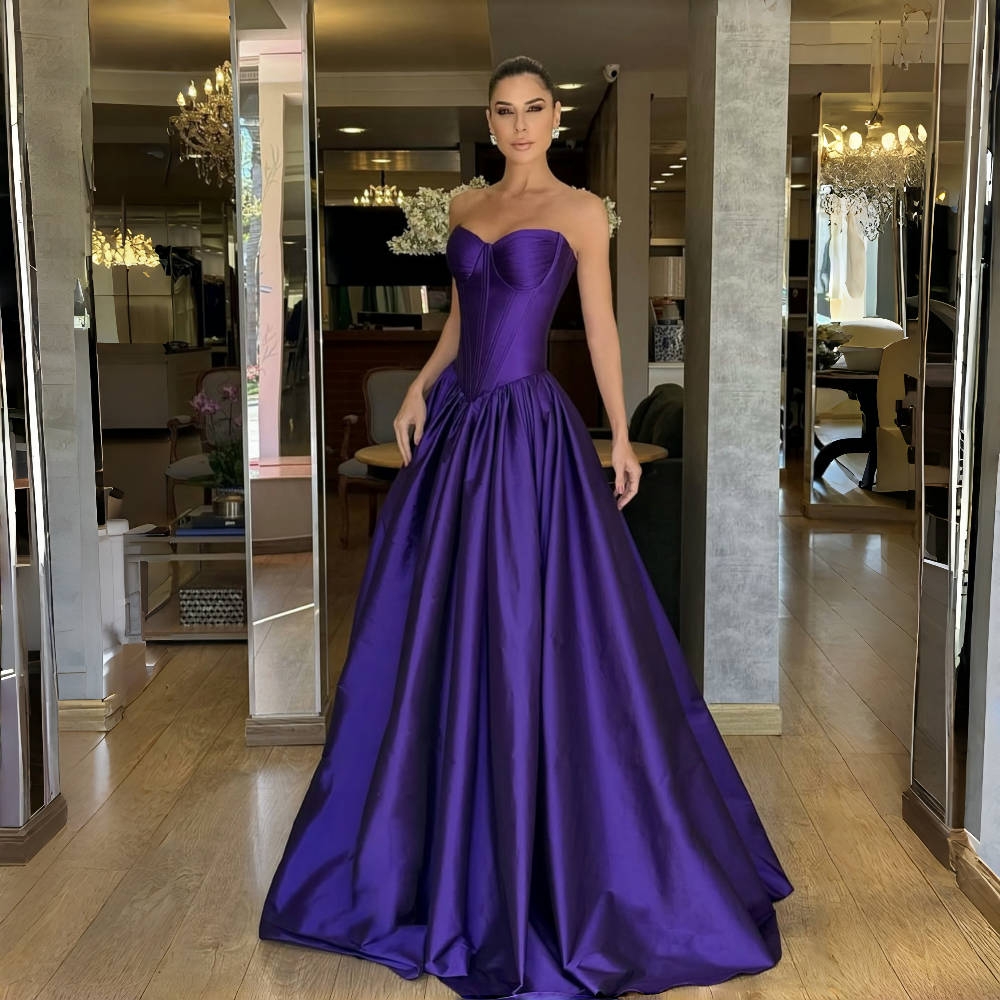Simple Purple Satin A-Line Evening Dresses Strapless Sweetheart Long Formal Occasion Gown Pleats Elegant Prom Dress Custom Made