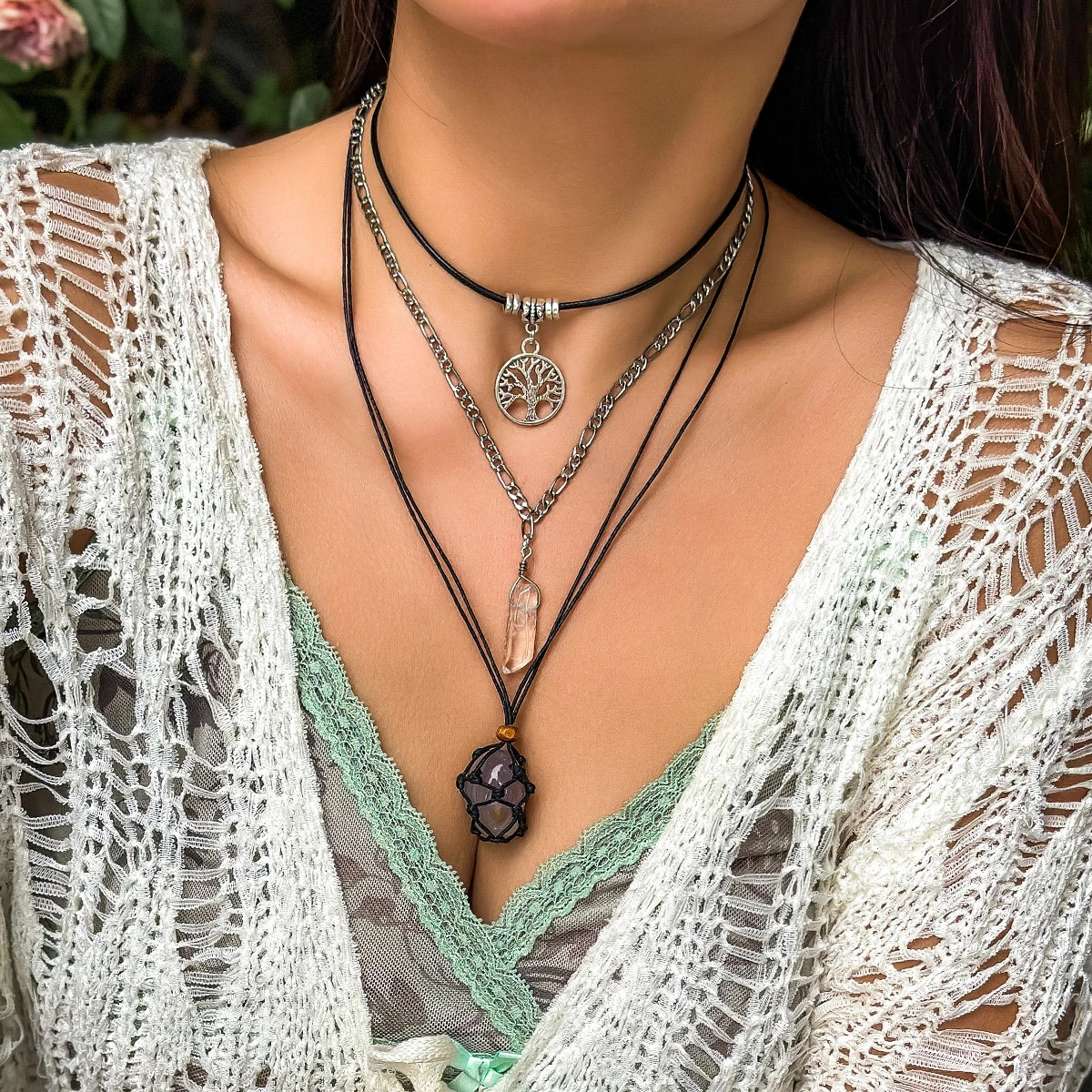 PuRui Vintage Natural Stone Beads Pendent Necklace for Women Crystal Charm Multilayer Rope Choker Neck Chain Jewelry Party Girls 250812