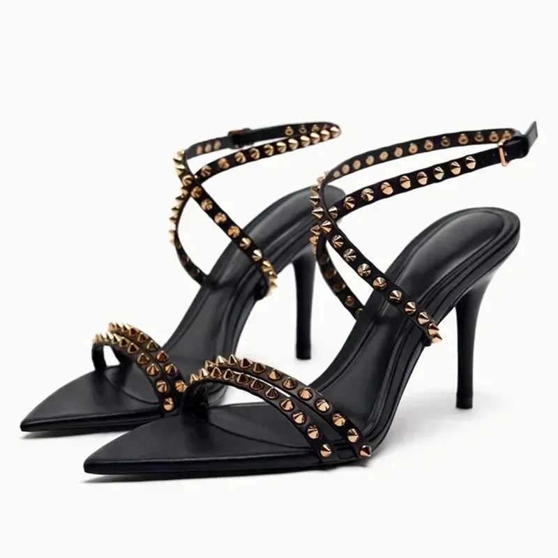 Luxury Designer Rivet Embellished Thin Heeled Sandals for Women Summer Sexy Pointed Toe Ankle Strap High Heels Elegant Party Shoes W250814