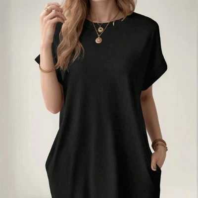2025 European and American new casual solid color round neck batwing sleeve invisible pocket loose short sleeve dress XJ250814