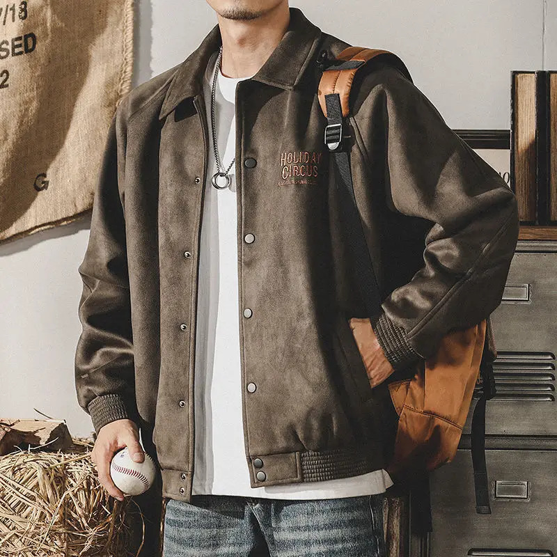 American Vintage Suede Thickened Lapel Baseball Coat Mens Autumn Winter Solid Embroidery Button Pockets Trendy Versatile Jacket 250808