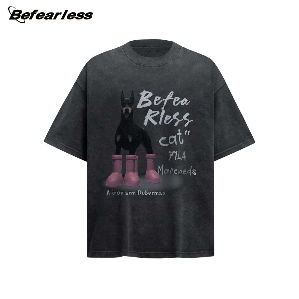 American Style Washed Vintage Red Boots Puppy Short Sleeve Round Neck T-Shirt Summer Unisex Trendy Loose Couple Top B5