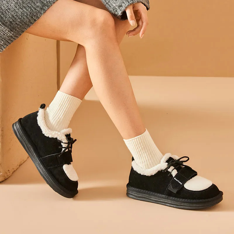 BEAUTODAY Furry Flats Women Cow Suede Round Toe Solid Color Hook Loop Lace-Up Winter Ladies Warm Shoes Handmade 27843 250809