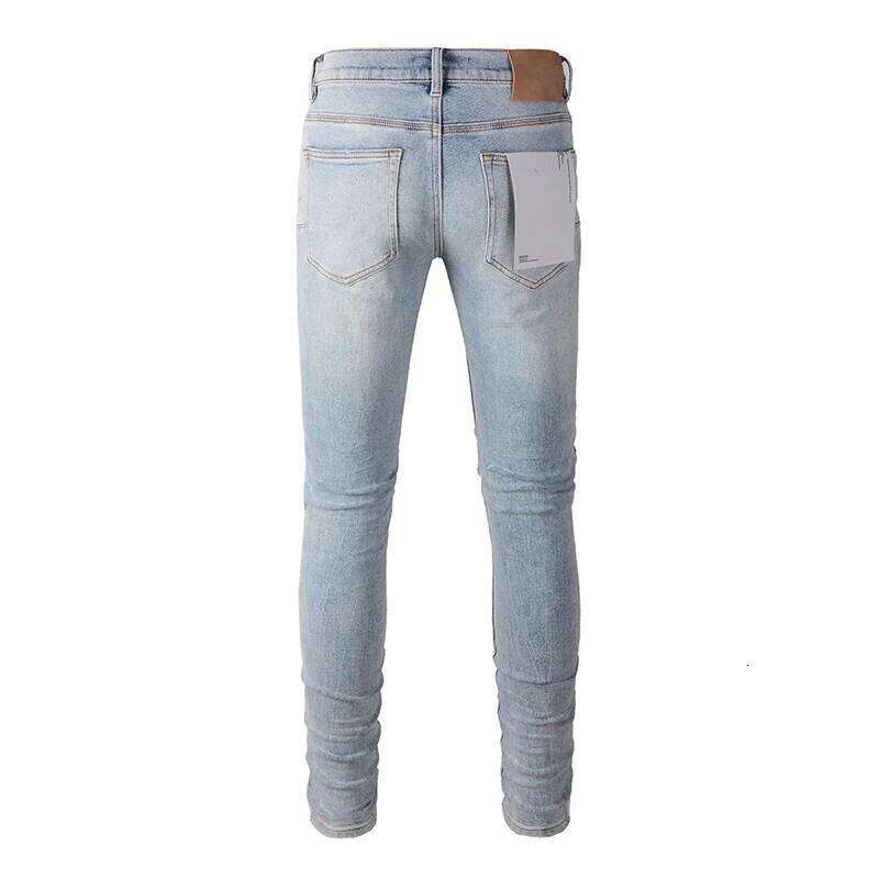 Men's American High Street Fashion Distressed Washed Classical Blue Damaged Holes Stretch Skinny Button Fly Jeans Pants