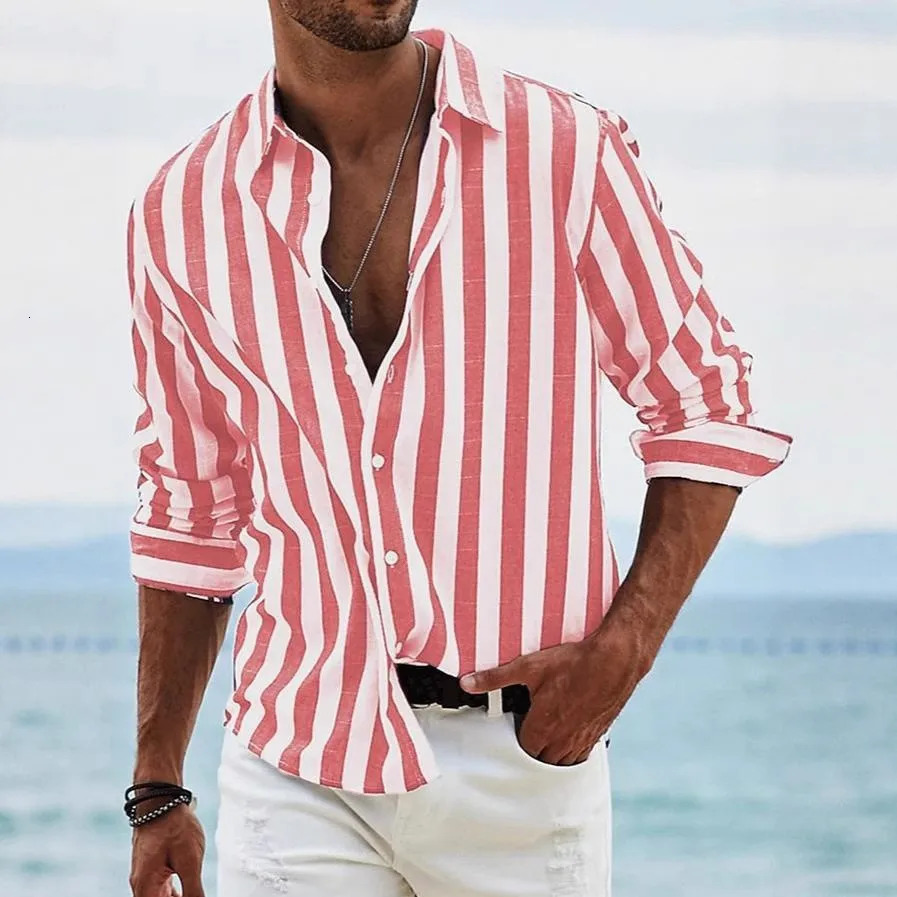 Spring and Autumn Mens Color Woven Striped Casual Loose Long Sleeved Shirt Mens Shirt Tops 100% Polyester Microprojectile 250813