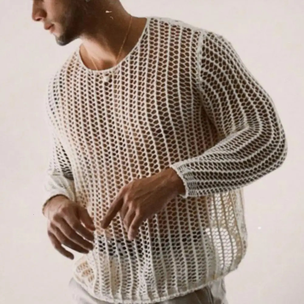 Wear Men Mesh T-shirts Bottoming Shirt Knitted Mesh Top Clothing Autumn Men Knitted Mesh Top Long Sleeve Tees Club Streetwear 250813