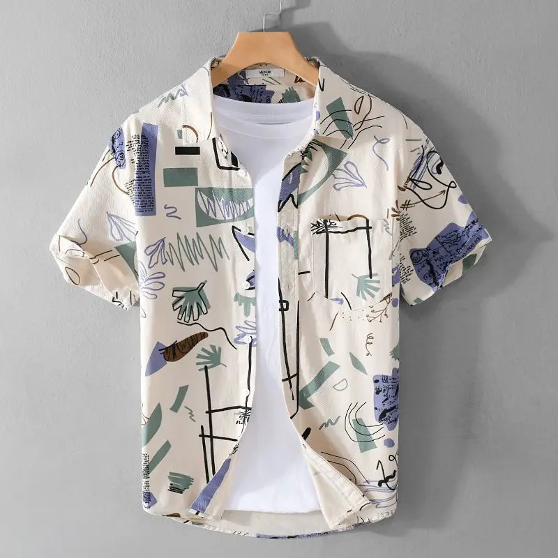 Summer Casual Beach Style Printed Shortsleeved Men Shirt Comfortable Loose Versatile Cardigan 250808