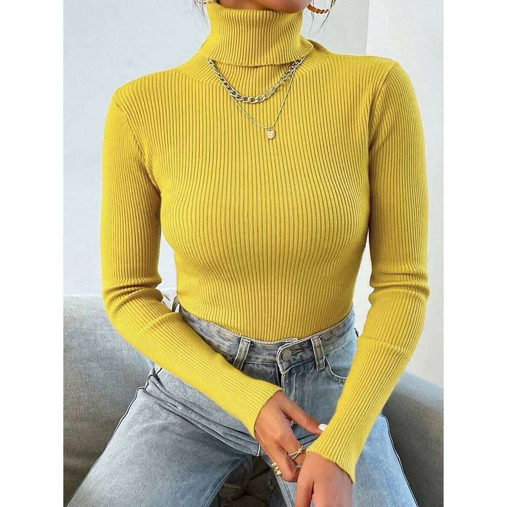 Autumn Winter Women Knit Solid Turtleneck Pull Sweater Casual Rib Jumper Tops Female Home Pullover Y2k Clothing 2025