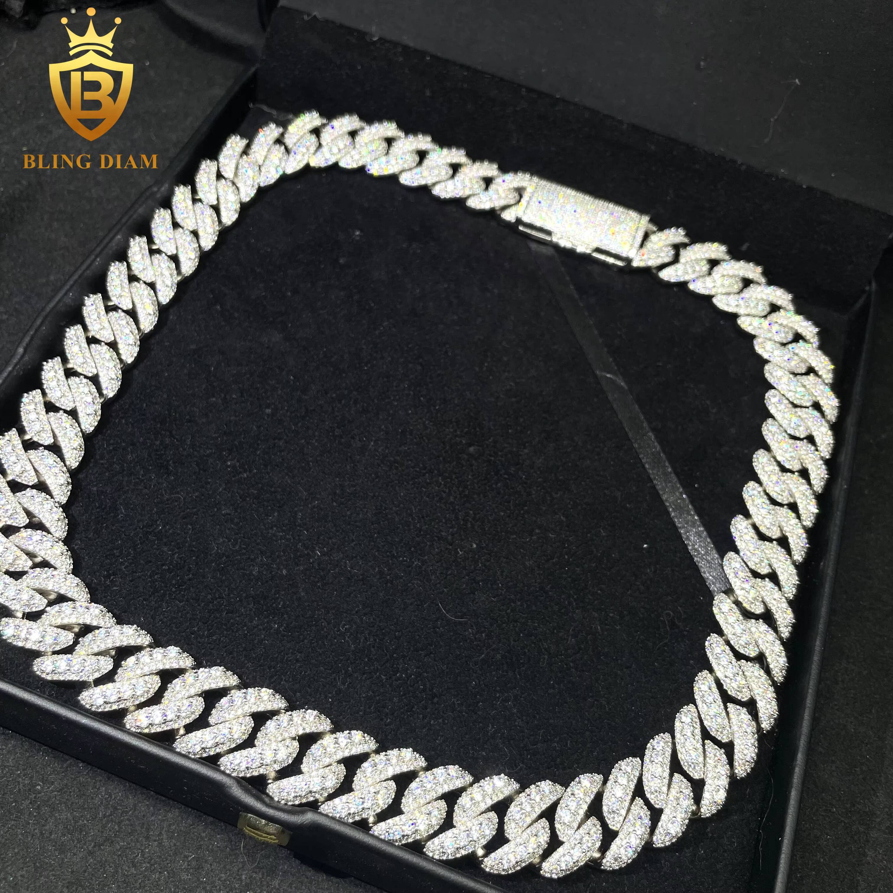 Fine Jewelry Hip Hop Style 18mm 925 Silver Plated Moissanite Iced Out Diamond Cuban Link Chain Necklace