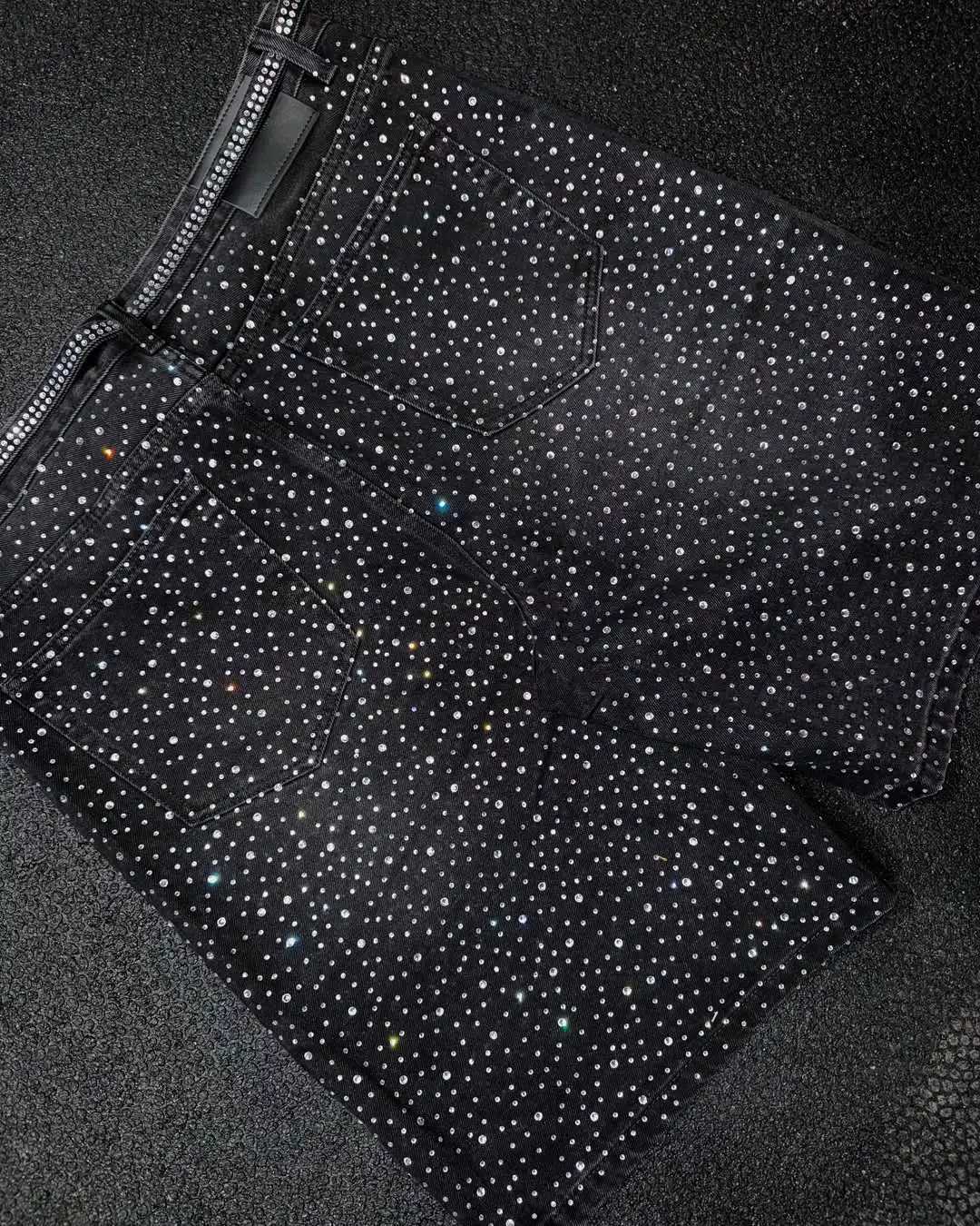 American Retro Rhinestone Sequins Ribbon Denim Shorts Y2K Hip Hop Washed Solid Color Baggy Shorts Low Waist Over The Knee Pants Y250814