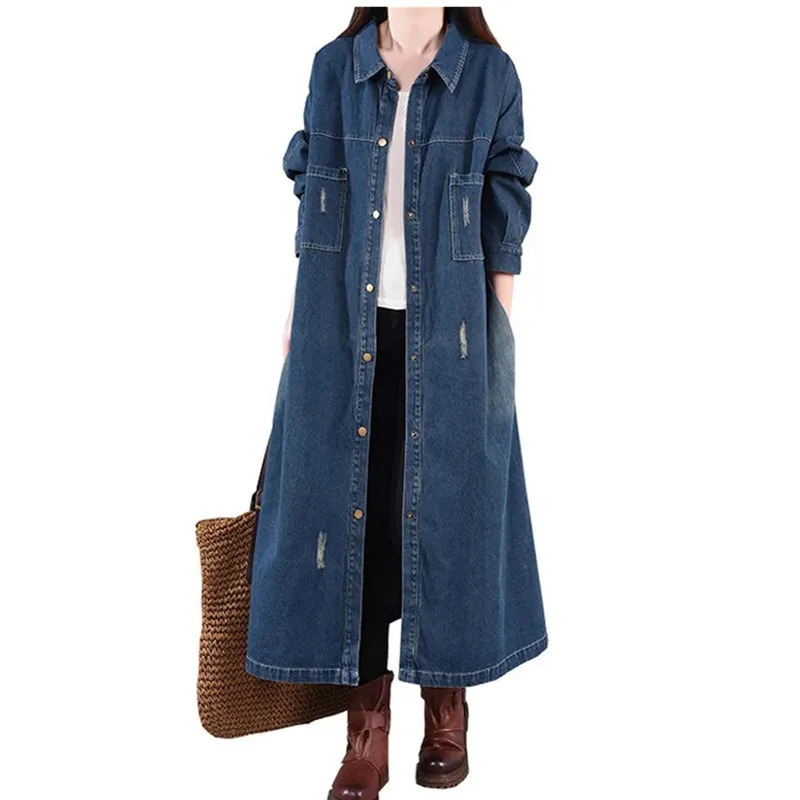 2025 Spring Autumn Womens Retro Long Denim Shirt Coat Streetwear Female Loose Casual Cardigan Windbreaker Overcoat 250805