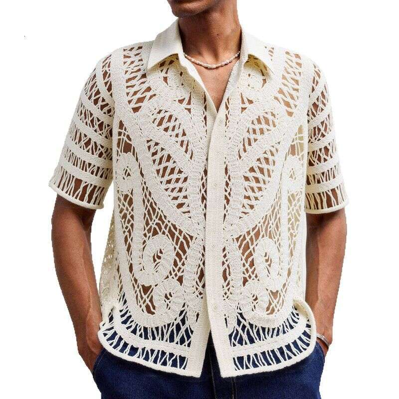 Clothing European And American Sexy Men's Hollow Knit Sweater Short Sleeved Hand Crocheted Cardigan Polo Shirt