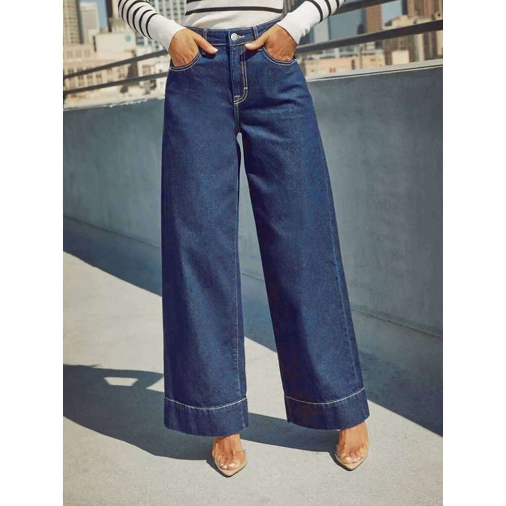 2025 New Summer Women's High Waist Wide Leg Jeans - Classic dark blue washed stretch jeans with button fly for an elegant style.