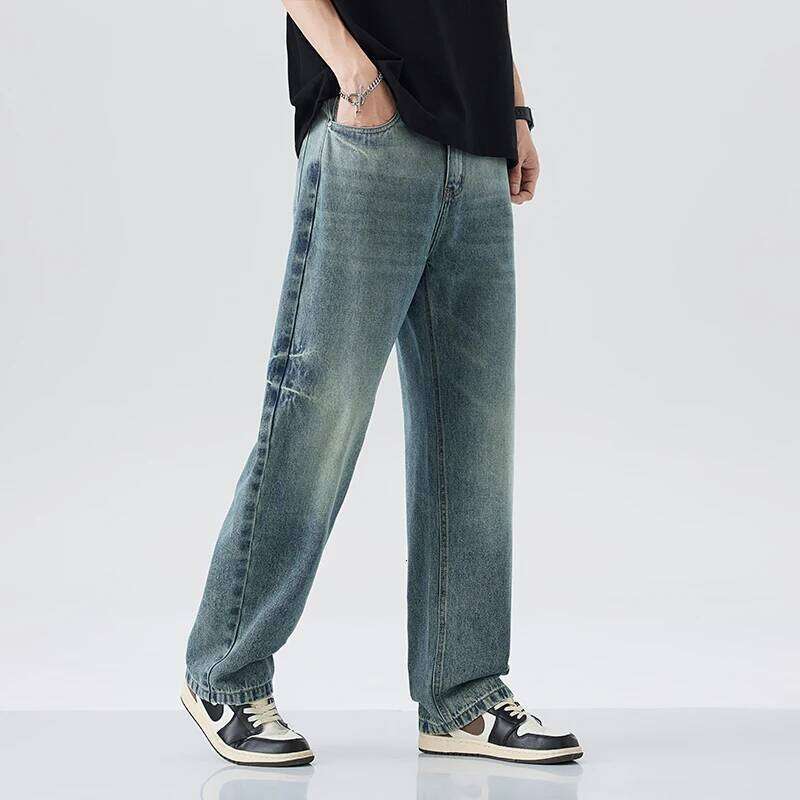 2025 summer new jeans men's loose straight tube soft pants fashionable retro solid color distressed comfortable denim pant