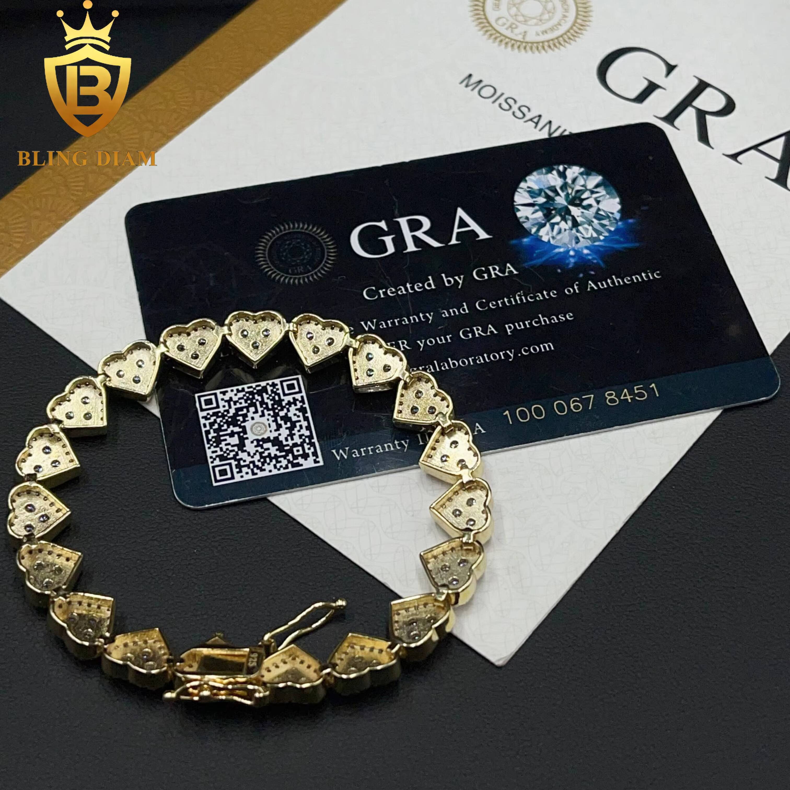 Fashion Jewelry 925 Sterling Silver VVS Moissanite Heart Shape Cuban Tennis Chain 8mm Bracelet