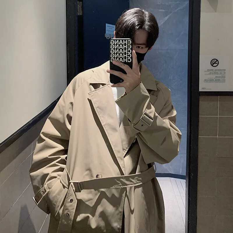 Autumn Trench Coat Men Oversized Fashion Khaki Black Long Coat Men Streetwear Korean Loose Windbreaker Jacket Mens Overcoat W250815