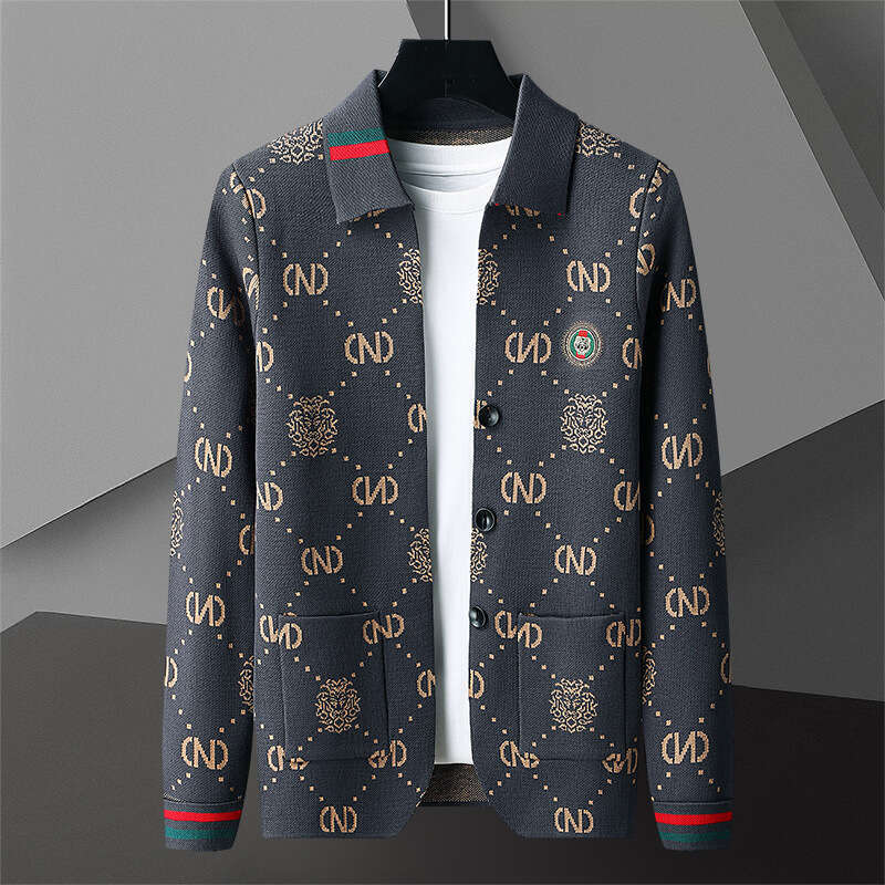 High-end knitted cardigan men's spring and autumn trend jacquard lapel sweater coat fashion jacket casual men's tops