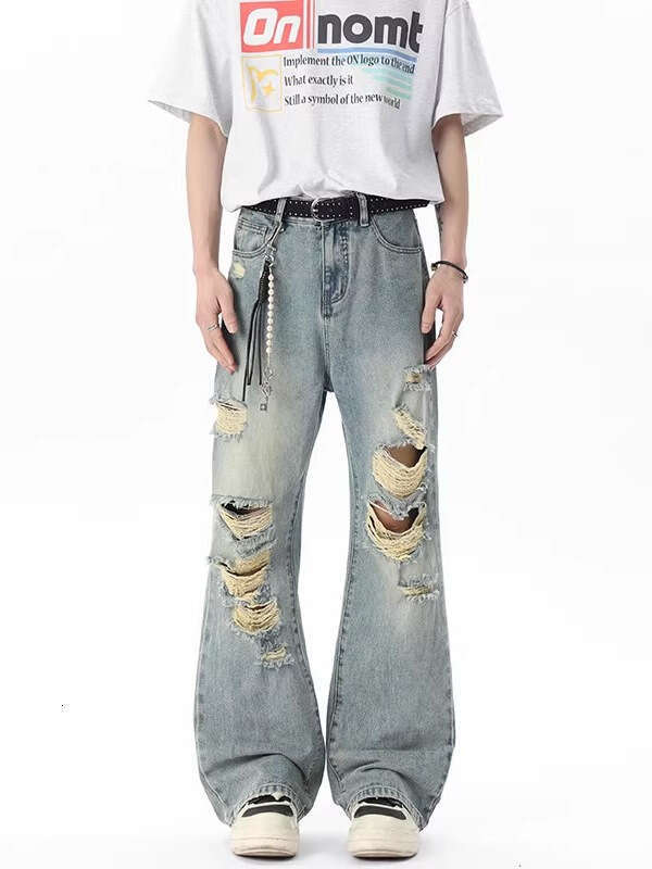 Summer Thin Ripped Jeans For Men American High Street Vibe Style Unique Design Loose Destroyed Pants B5