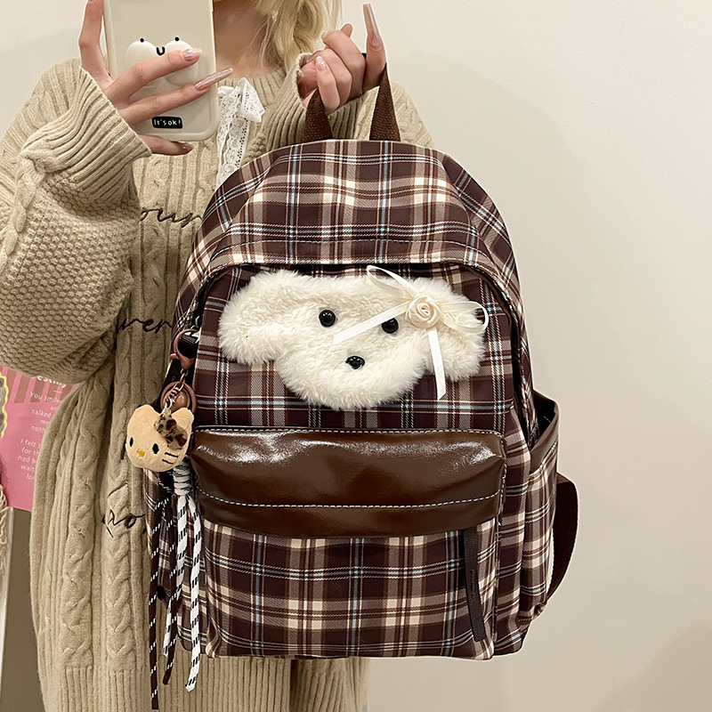Autumn New Neutral Style Backpack Couple Bag New Checkered Backpack Cute Puppy Retro Style Casual Backpack Autumn New Designer Bag