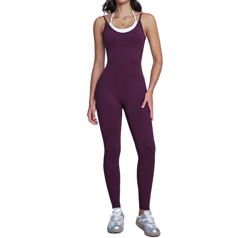 European American Two in One Color Block Strap Jumpsuit Backless Outdoor Sports Fitness Yoga Bodysuit