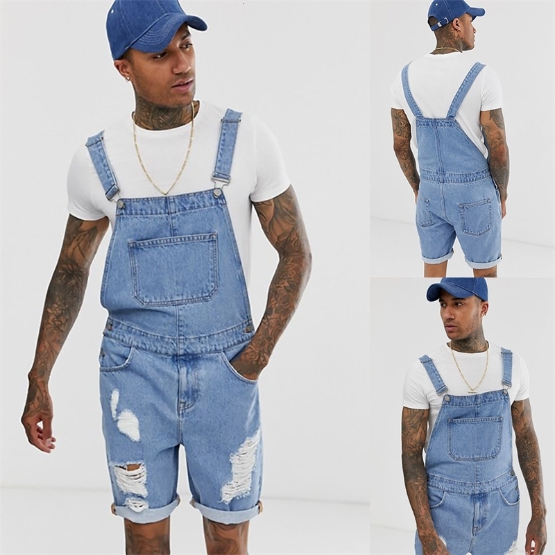 Retro Mens style Denim Shorts with Holes Fashionable Onepiece Workwear Suspender Pants for Young People on The Street 250729