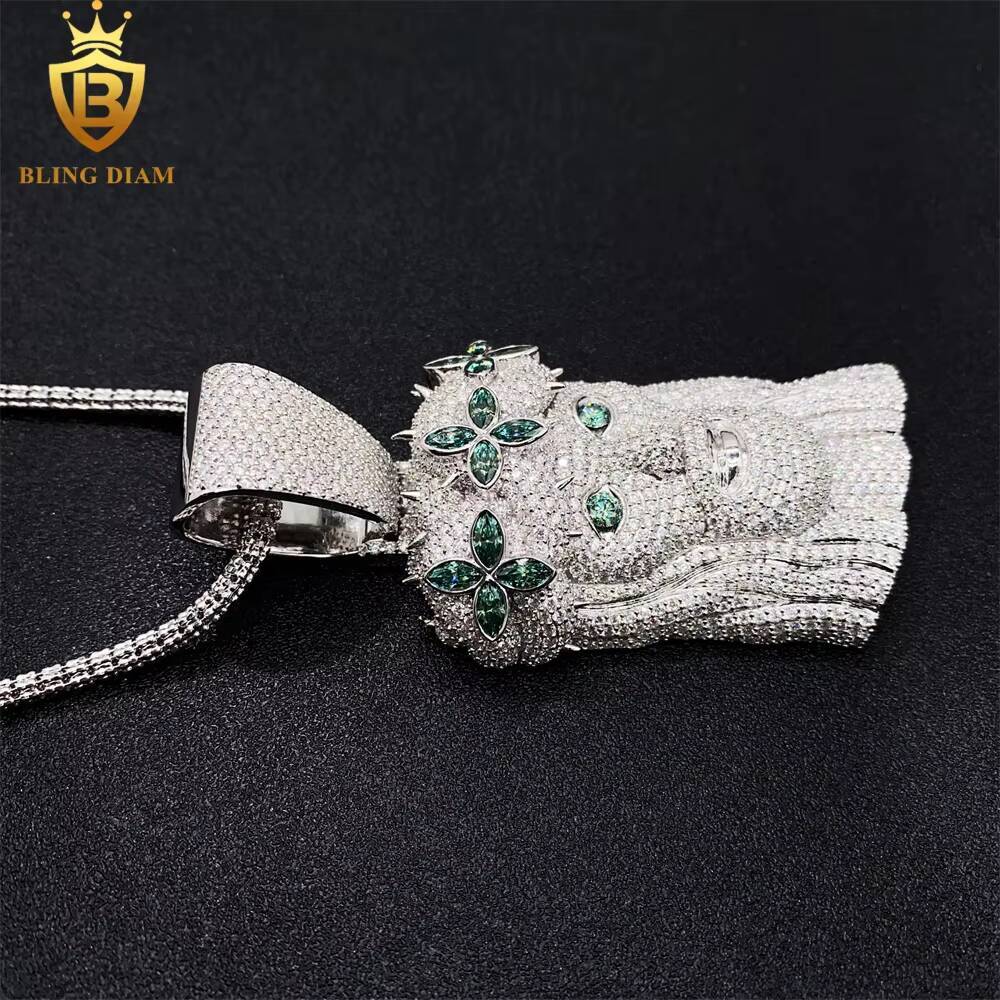 Gra Certificate Luxury Jewelry Jesus Head Blue Green Vvs Moissanite Iced Out Diamond Pendant 925 Sterling Silver