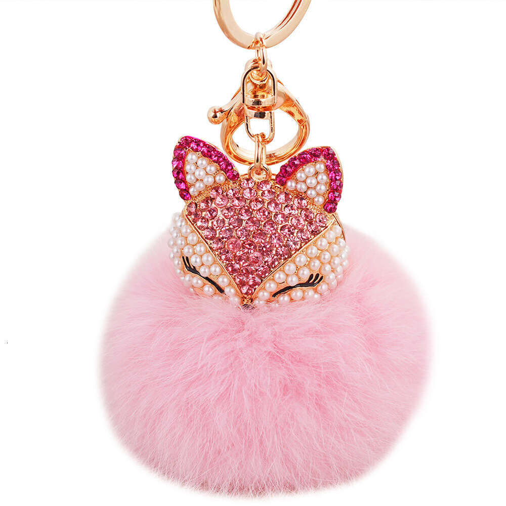 Korean Version Dia-Studded Fox Head Rabbit Fur Ball Alloy Keychain Fashion Bag Pendant Car Accessory Ornament