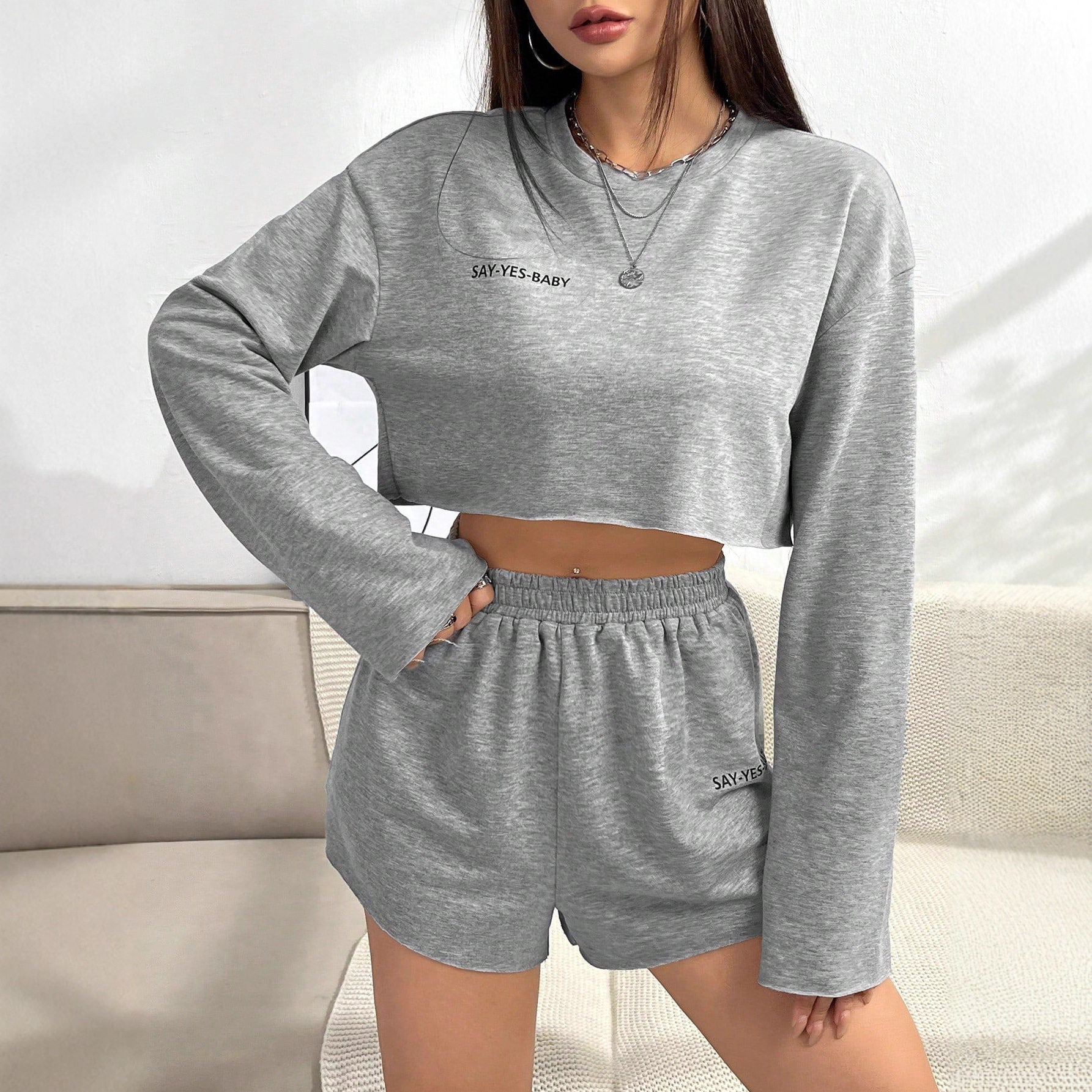Spring Summer Fashion Shorts Long Sleeve T-Shirt Short Set Women