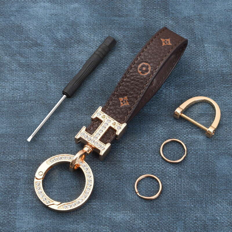 New Style Dia-Encrusted Zinc Alloy Car Woven Metal Key Ring Accessories Chain Leather Rope Keychain
