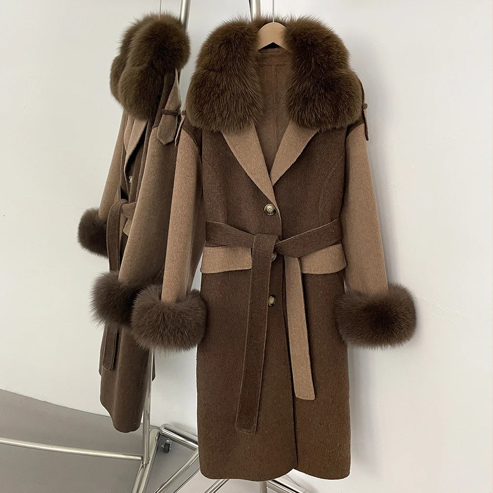 CXFS Autumn Winter Clothing Women Natural Fox Fur Cashmere Double-faced Woolen Jacket Long Single-breasted Belt Wool Coat Female 250811