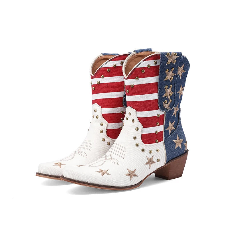 Womens Cowboy Western Boots USA Flag Ankle Booties Denim Studded Rivets Embroidery Stars Stripes Heeled Shoes Footwear 250809