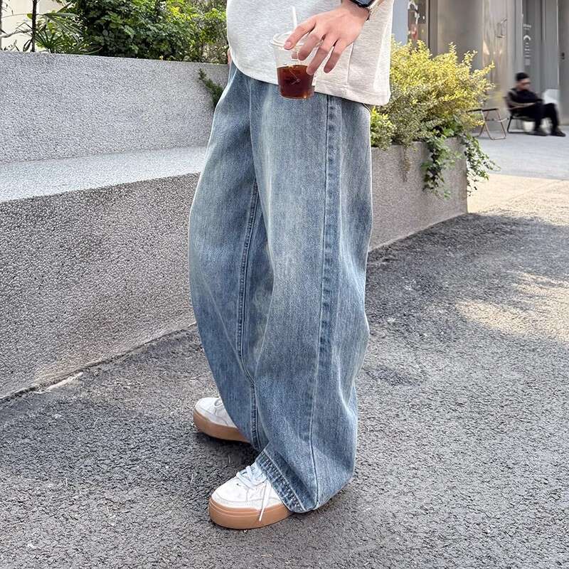 American Style Washed Blue Straight Loose Jeans Summer Men New Long Pants Casual Versatile Simple Trendy B5