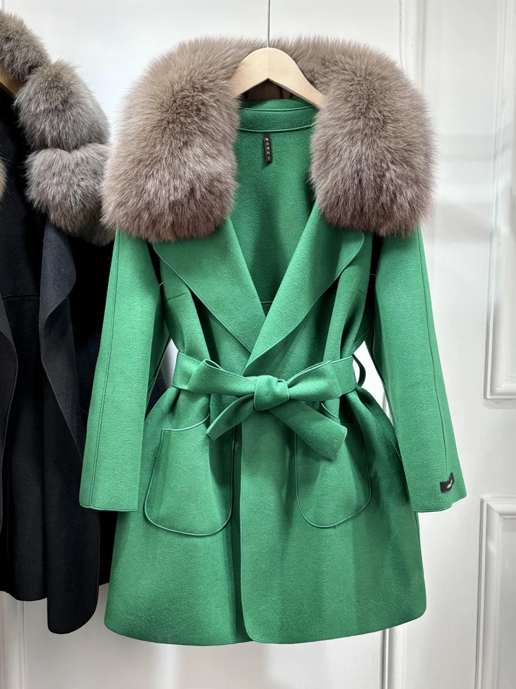 Janveny Wool Coat Women Natural Fox Fur Collar Winter Jacket Clothes For Female Short Slim Woolen Trench Coats Outwear 250811