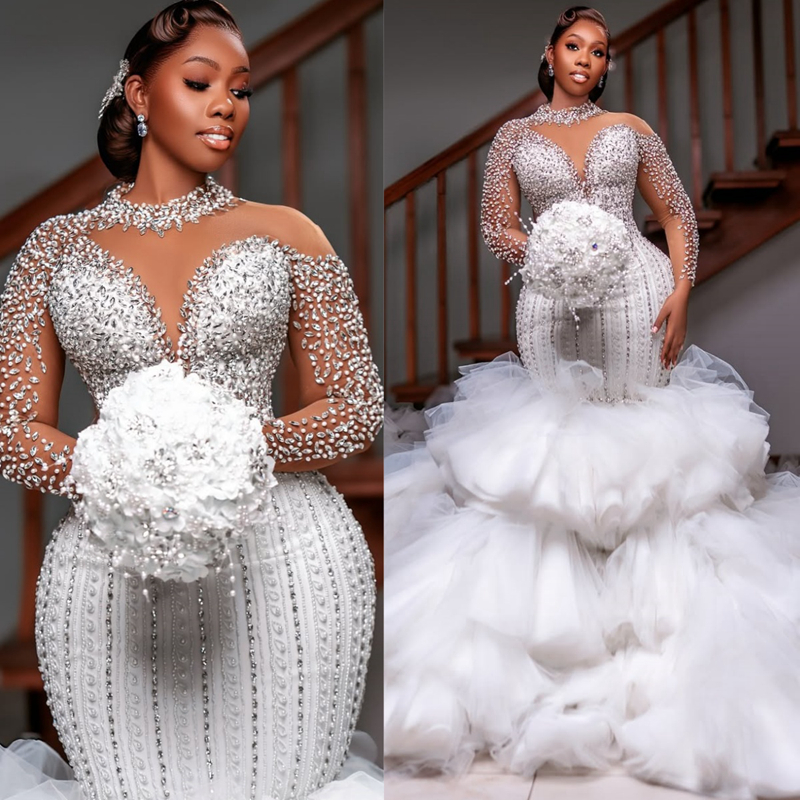 2025 Plus Size Luxurious Off White African Wedding Dress Bridal Gowns For Bride High Neck Tiered Tulle Beaded Lace Rhinestones Wedding Gowns For Black