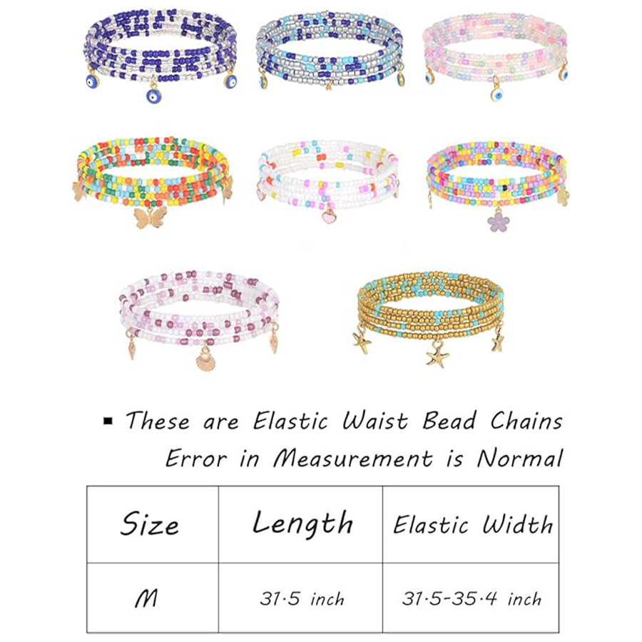 8Pcs 31.5 Inches African Waist Bead Chain Elastic Belly Beads Butterfly Shell Eye Layered Body Chain Colorful Jewelry