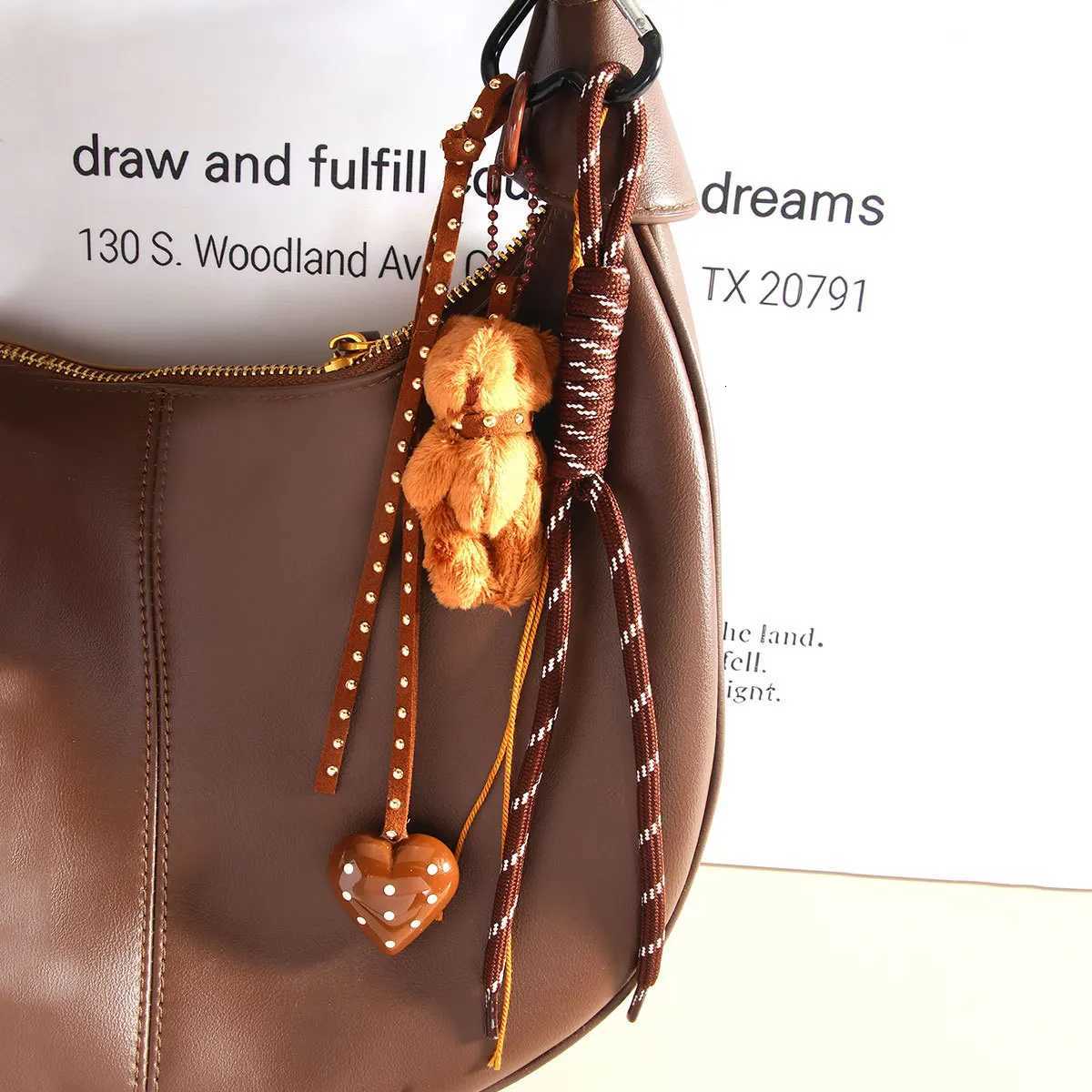 New Series Handmade Leather Braided Rope Love Heart Button Keychain Cute Spot Bow Bear Doll Bag Pendant Keychain for Women Y250815