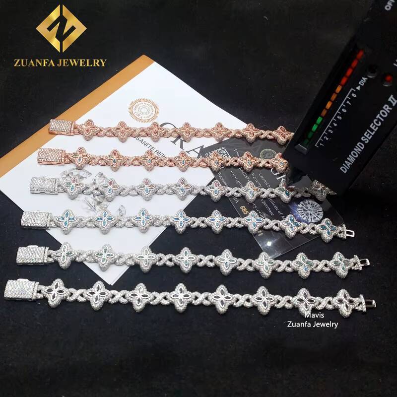 Iced Out Hip Hop 15MM 925 Sterling Silver Infinity Colored Moissanite Clover Bracelet Custom Cuban Link Bracelets for Men