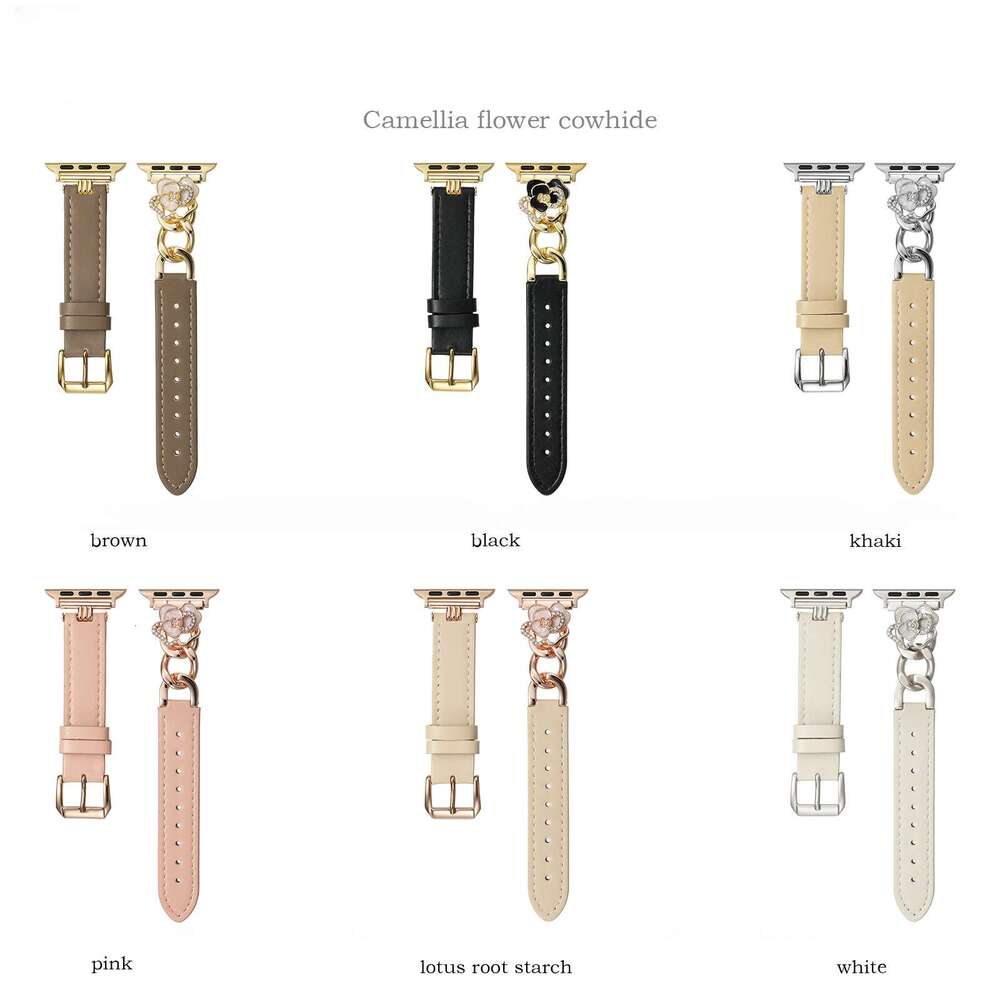 DHgargets Camellia Leather Band for Apple Watch - Genuine Cowhide Strap with Metal Flower Charm (6 Colors, All Sizes)