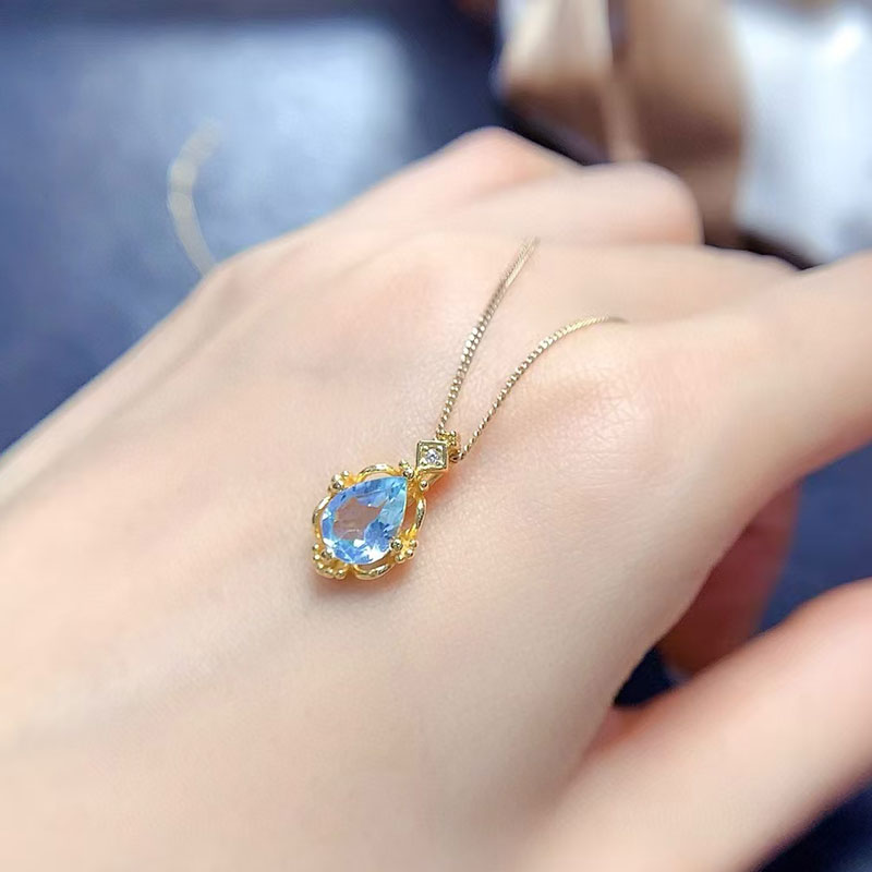 Solid 925 silver necklace pendant natural topaz pendant 6mm*8mm genuine light blue topaz jewelry 18K gold plated gemstone jewelry