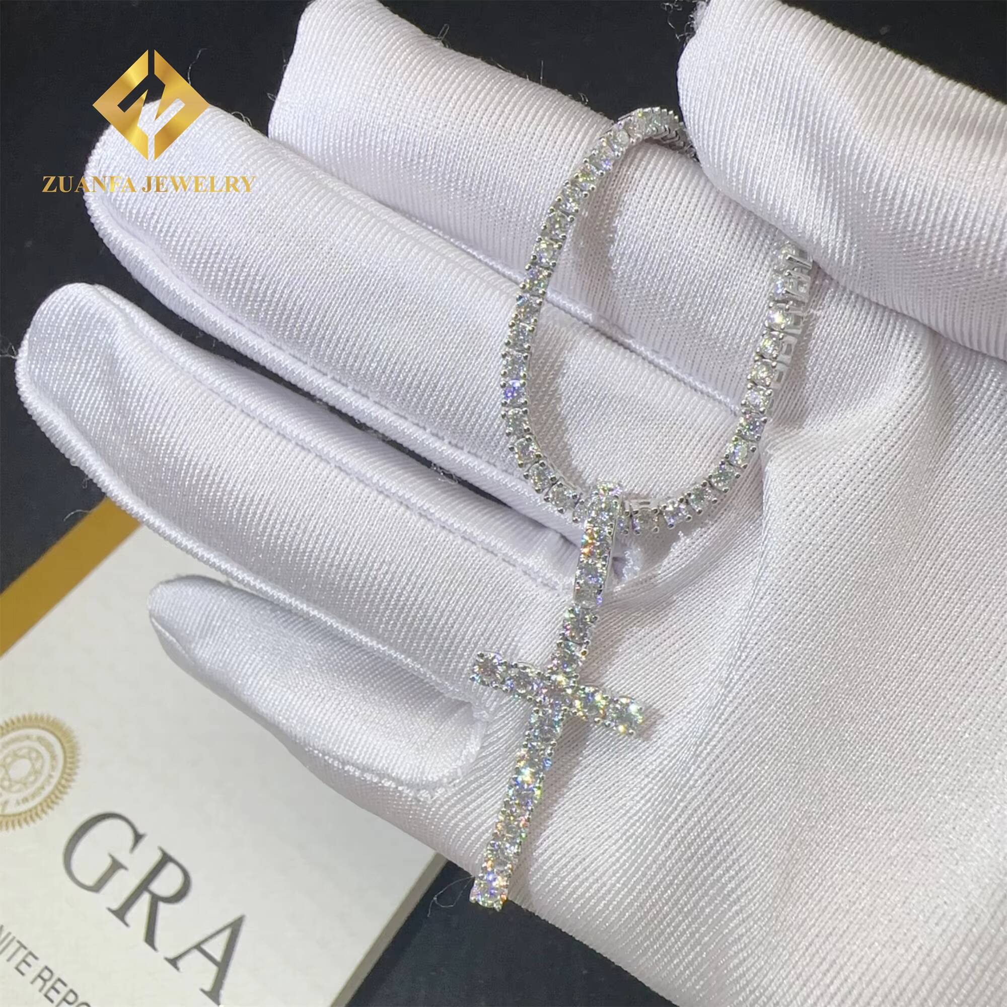 Popular Pass Tester Hip Hop Luxury Iced Out Fire Jewelry 10k Real Gold VVS1Moissanite Diamond Cross Pendant Necklace Set