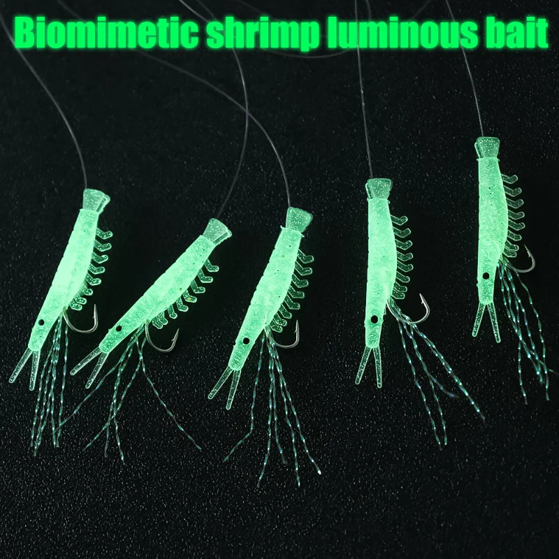 5pcslot Simulated Fish Skin String Hooks Sabiki Rig for Sea Luminous Soft Shrimp Fishing Hook Lure Bait Tackle Accessory 250807