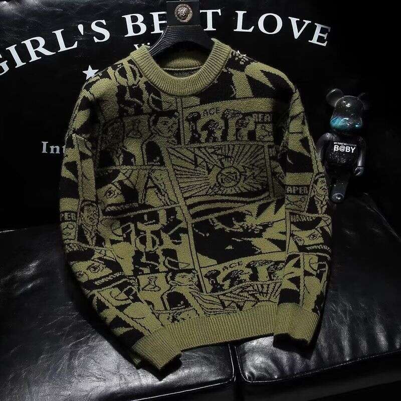 Men's Cartoon Jacquard Trendy Brand Bottoming Shirt Long Sleeve Inner Top 2024 New Autumn And Winter Loose Sweater