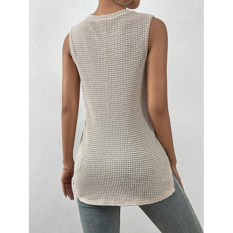 Women's Casual Pineapple Pattern Sleeveless Vest with Side Slit - Semi-Transparent Round Neck Summer Top, Medium Elasticity, Machine Washable Spr