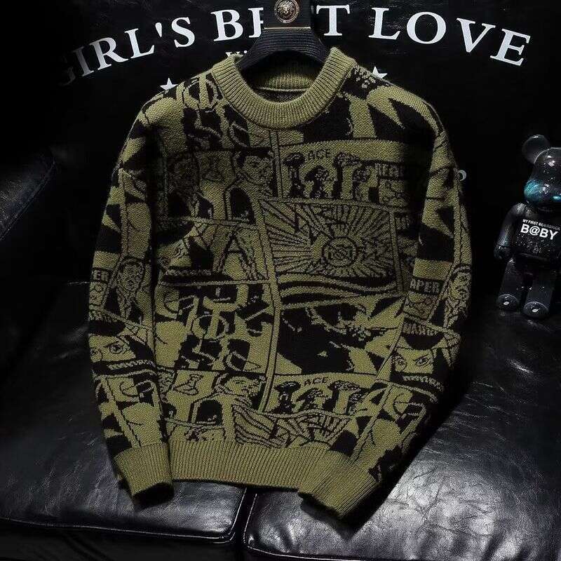 Men's Cartoon Jacquard Trendy Brand Bottoming Shirt Long Sleeve Inner Top 2024 New Autumn And Winter Loose Sweater