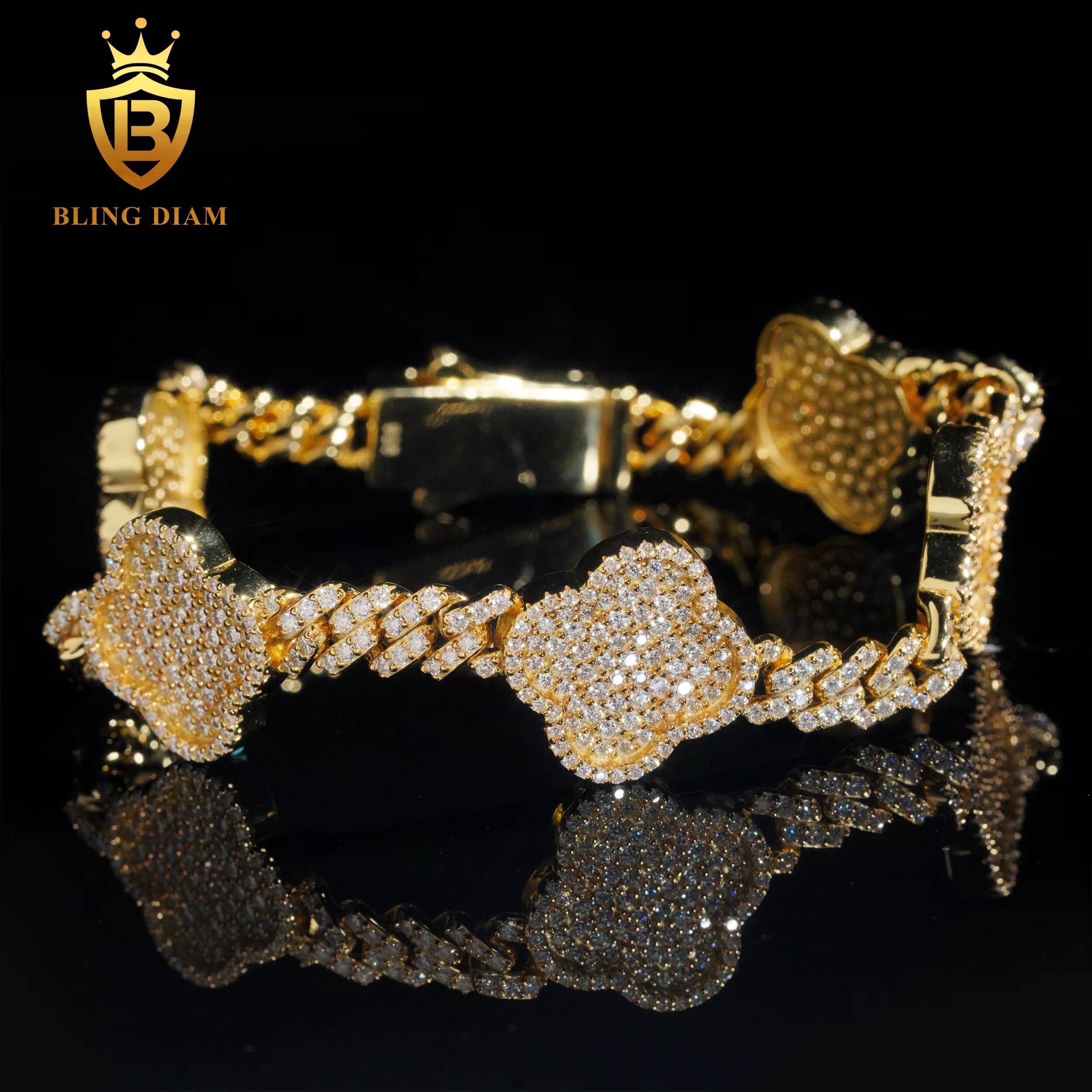 Custom 6mm Vvs Iced Out Moissanite Diamond Hip Hop Bracelet 925 Silver Four-Leaf Clover Bracelet Men Women