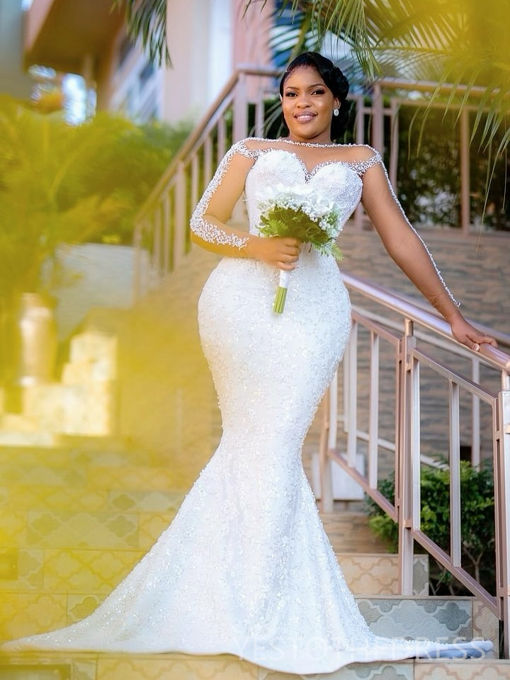 2025 Mermaid Aso Ebi Off White African Wedding Dress Bridal Gowns For Bride Sheer Neck Simple Beaded Lace Tassel Crystals Wedding Gowns For Black Wome