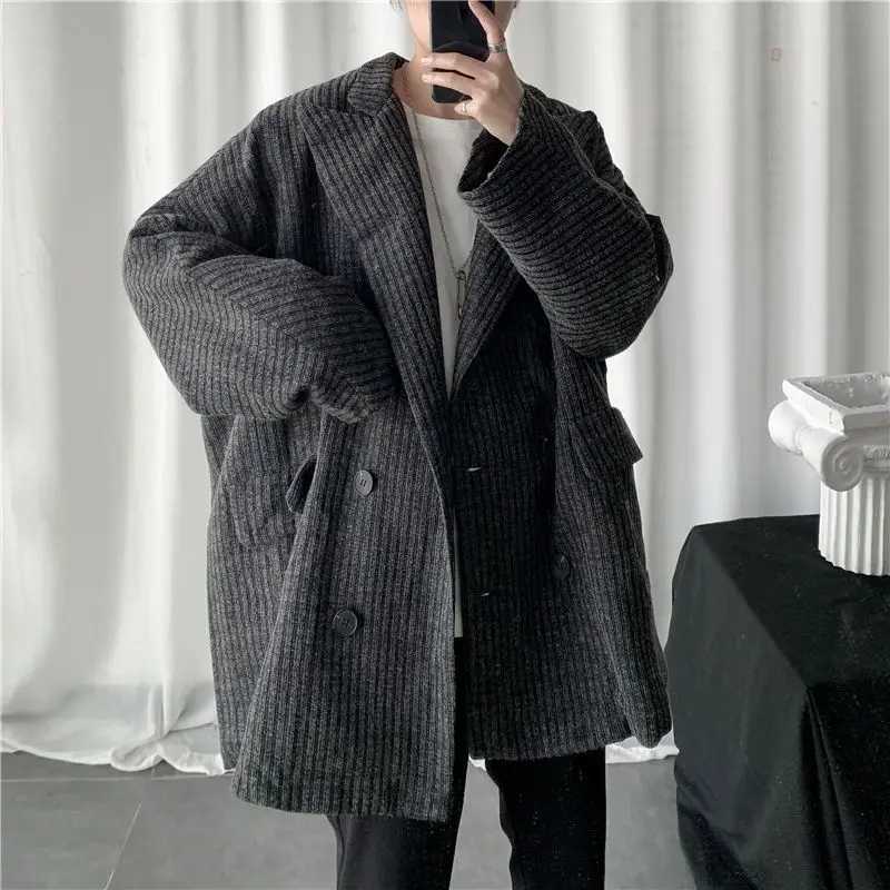 Mid-Length Thick Windbreaker For Men Hong Kong Style Autumn Winter Vintage Woolen Suit Jacket Unisex Korean Corduroy Coat W250815