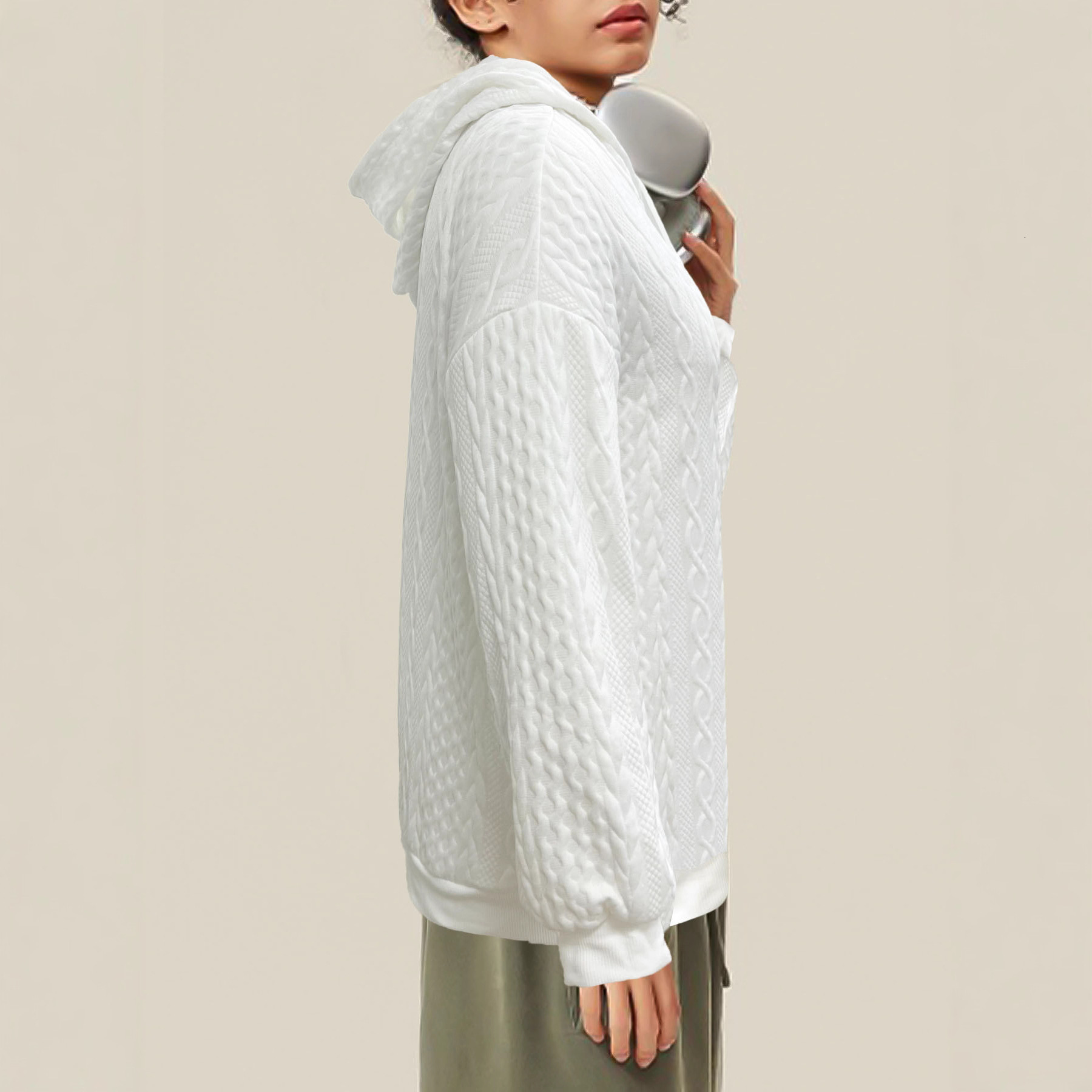 Autumn Winter Plus Size Solid Color Jacquard Pullover Sweatshirt Fashion Casual Long Sleeve Hooded Jacket Women's Clothing