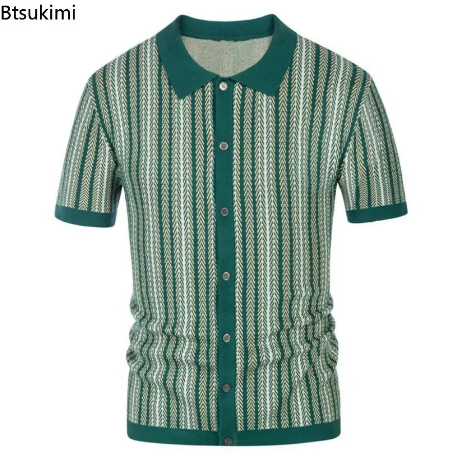 Mens Summer Casual Stripe Shirts Knitted Vintage British Breathable Patchwork Short Sleeve Jacquard Business Polo Shirt 250814