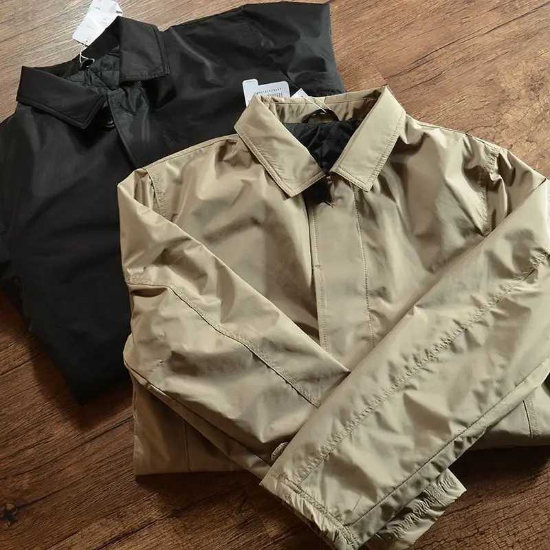 Mens Elegant Windbreaker Korean Style Simple Cotton Jacket for Warmth in Winter Medium Length Lapel Trench Coat Button Up Top W250815